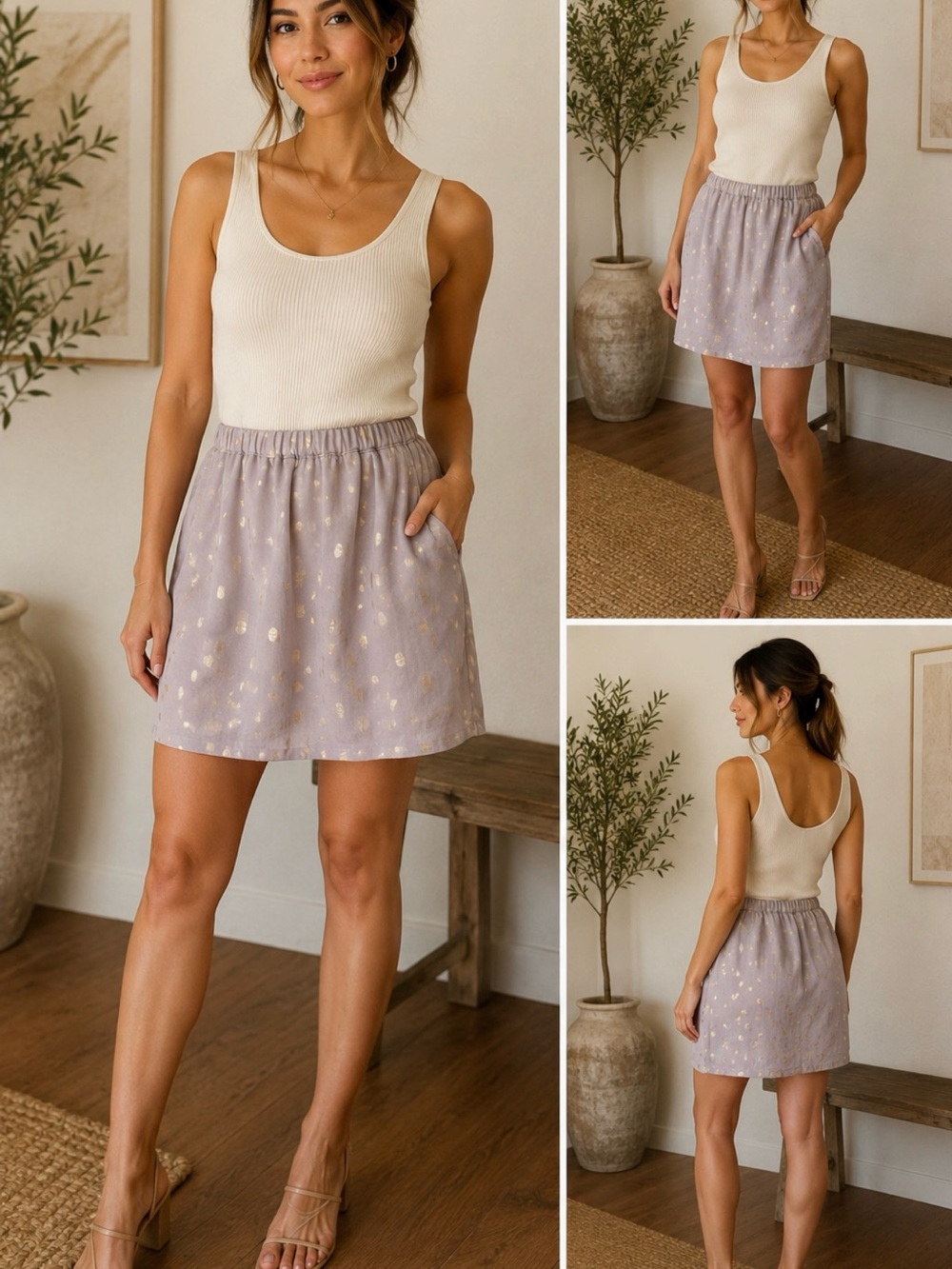 Brochu Walker 100% Silk Taupe Gold Dot Mini Skirt Pockets Size small